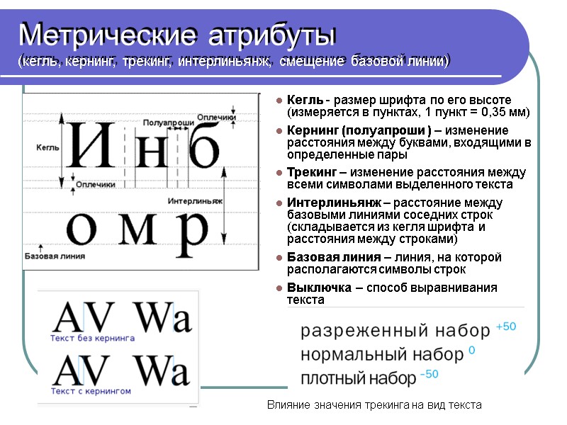 Метрические атрибуты  (кегль, кернинг, трекинг, интерлиньянж, смещение базовой линии) Кегль - размер шрифта